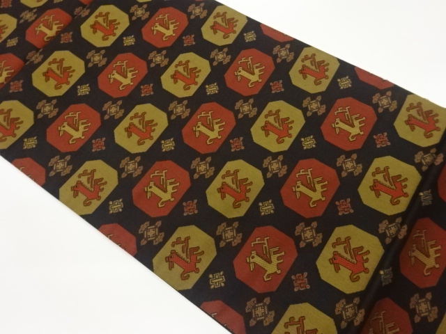 小池織物製　抽象動物に幾何学模様織出し全通袋帯